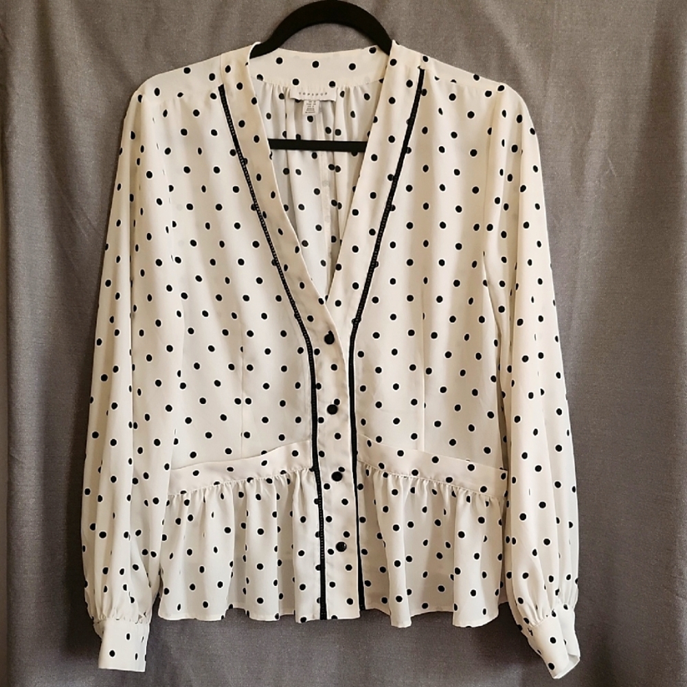Topshop Cream and Black Peplum Blouse with Mandarin Collar